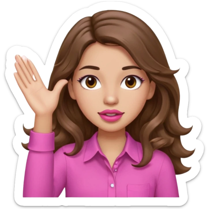 girl with long wavy brown hair, brown eyes, light to medium complexion, in a pink shirt, pink lips, long lashes, puckered lips, both hands in teh air sticker