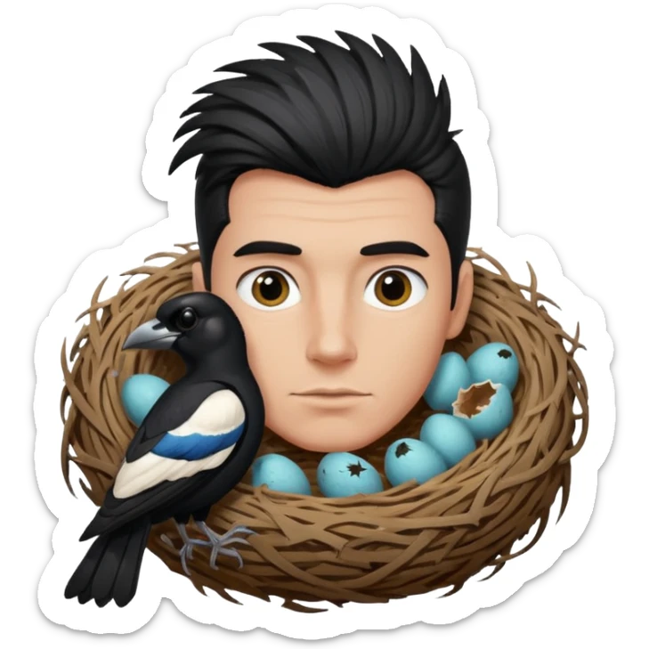 A man who has hair on the top of his head, that is actually an Australian Magpie, birds nest. sticker