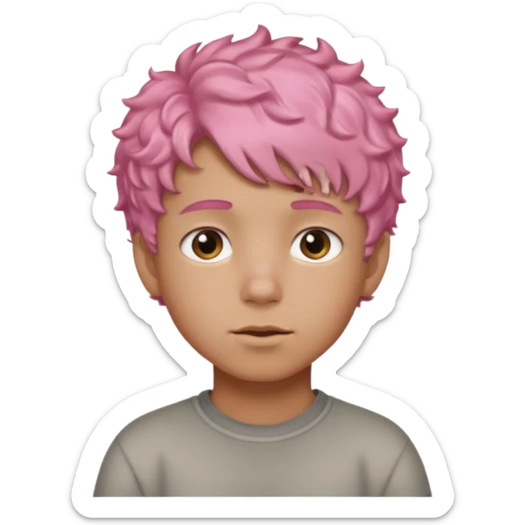 boy with short, curly pink hair, light brown skin, and a neutral facial expression. sticker