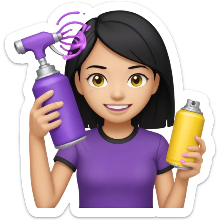 a girl with black hair, yellow teeth, black t-shirt, holding just a purple and silver spray can, no other items, genmoji emoji style, reference the attached can sticker