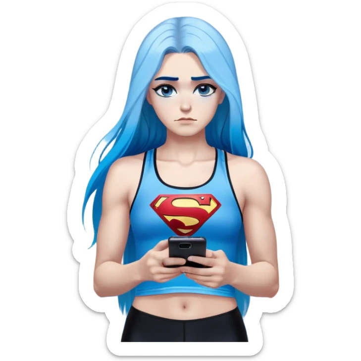 Shameful disappointed crying-very very very very big chest-texting on a samsung cell phone-very long straight flowing black to sky blue hair ombre-blue eyes-black eyeliner-long eyelashes-plastic sparkling sky blue very low cut tank top with sparkling superman logo-black leggings-nike sneakers sticker