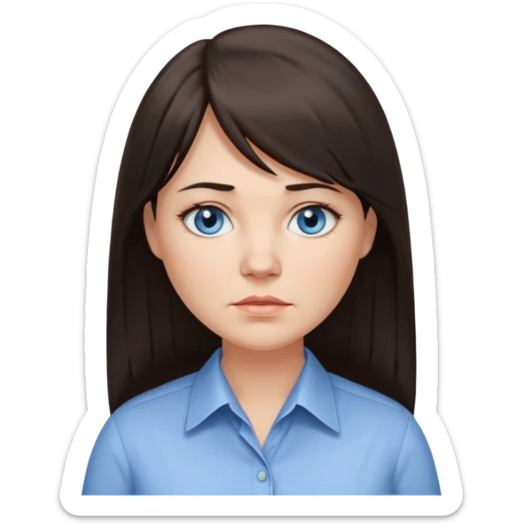 40 yr old woman, blue eyes, long straight dark brown hair, business shirt, chubby, bangs, long hair, tired sticker