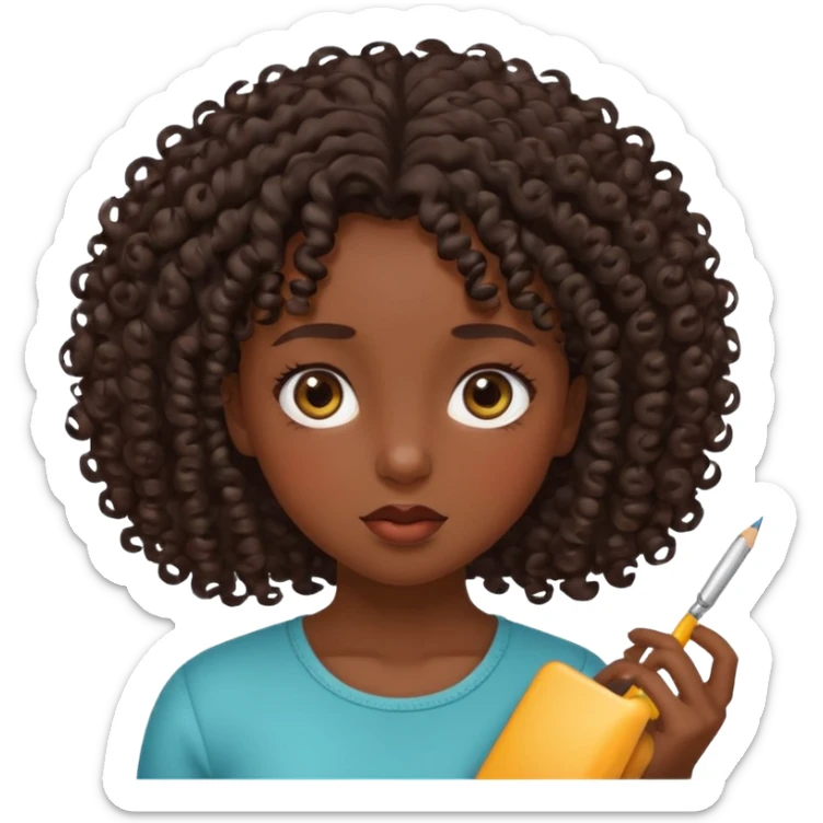 Uma menina de cabelo cacheados morena com os olhos meios puxados fazendo várias coisas sticker