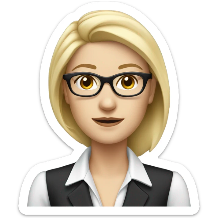 pretty caucasian woman with blonde hair and blue eyes with black glasses in a business suit sticker