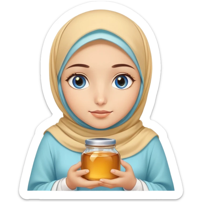 Turkish beautiful finish Konya girl blue eyes with honey pastel hijab islamic dress and had on her hand honey sticker