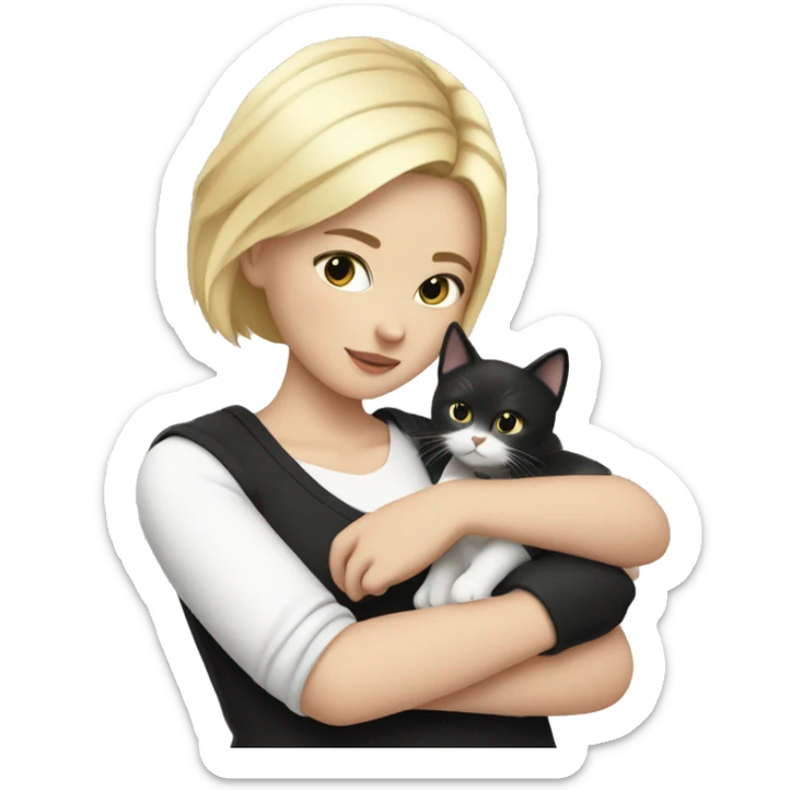 blonde girl with short hair holding a black and white cat in her arms sticker