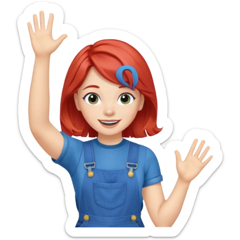 redheaded girl with blue hair, 1960s hairstyle, blue overalls, no text, waving sticker
