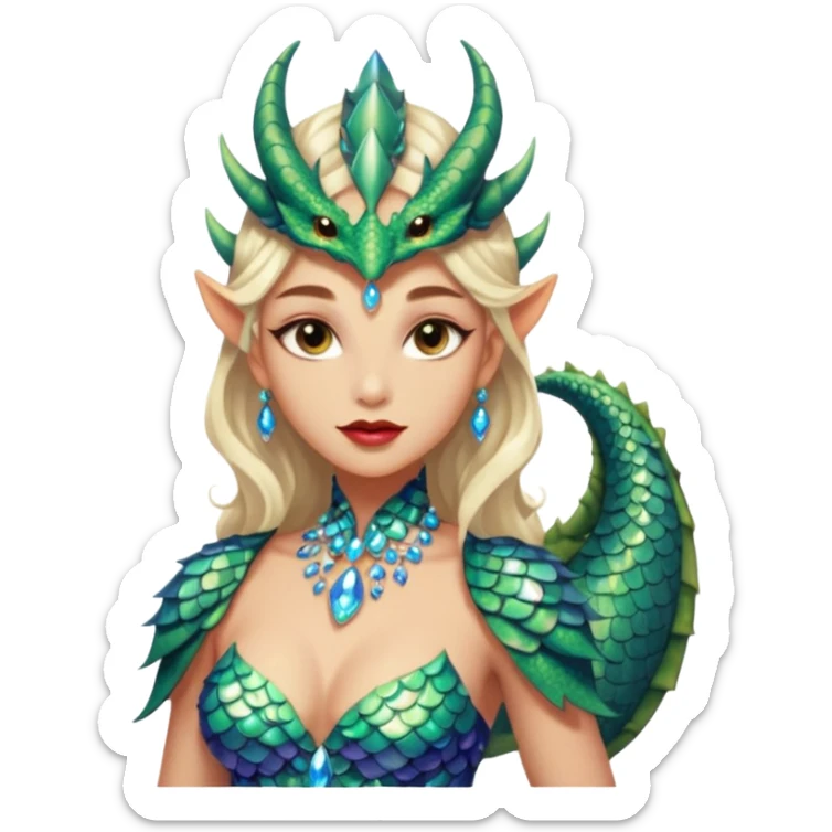 Am amazing blend of a half dragon woman with glittering jeweled scales covering her body. She has large almond shaped eyes, lush lips, and she wears a stunning luminescent gown. sticker