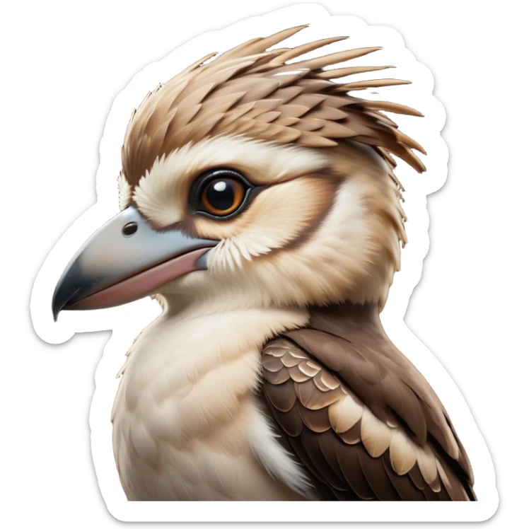 Cinematic Noble Kookaburra Portrait Emoji, Poised and regal, with a stout, robust build and a striking plumage of earthy browns and creams, a strong beak and deep-set soulful eyes, Simplified yet sharp and sophisticated features, highly detailed, glowing with a soft, dignified glow, high shine, intelligent and exuberant, stylized with an air of native woodland majesty, focused and attentive, soft glowing outline, capturing the essence of a watchful and confident bird, so majestic it feels as though it could laugh out of the screen with effortless authority! sticker