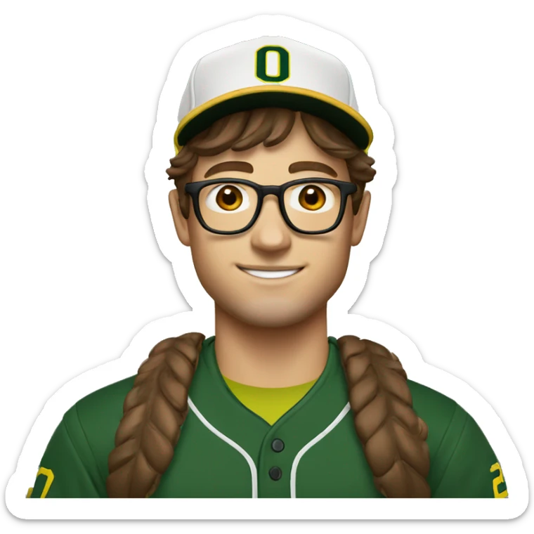 jeremy allen white with brown hair, glasses, and a university of Oregon baseball hat  sticker
