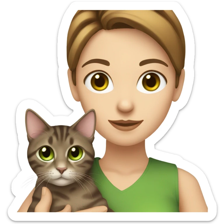 Caucasian women with brown hair and brown eyes holding a tabby cat with green eyes sticker