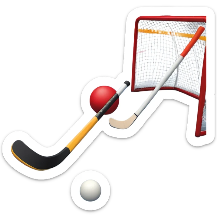 A red ball and hockey stick resting on an ice rink, with the goalposts and clear markings in the background. The scene captures the unique nature of field hockey with a ball on ice, emphasizing the speed and precision of the sport in a cold, competitive atmosphere. sticker