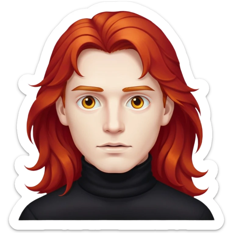 A man with pale skin, golden eyes and longy wavy blood red hair wearing a black wooly turtleneck.  sticker