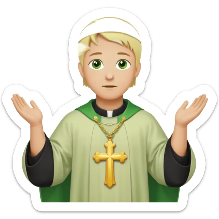 a priest, green eyes, blonde hair, light green chasuble (A wide, flowing, bell-shaped outer robe, without any religious symbols). opening arms, gazing thoughtfully. Soft light, subtle fern. Waist-up, profile. sticker