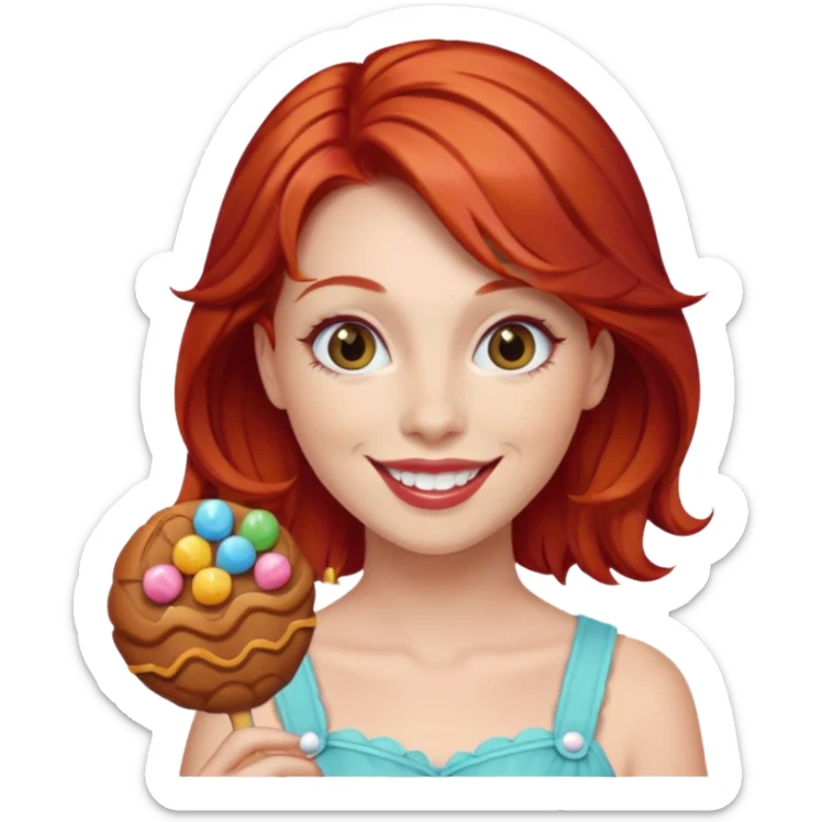 red hair woman with sweet treat accessories, not holding a candy sticker
