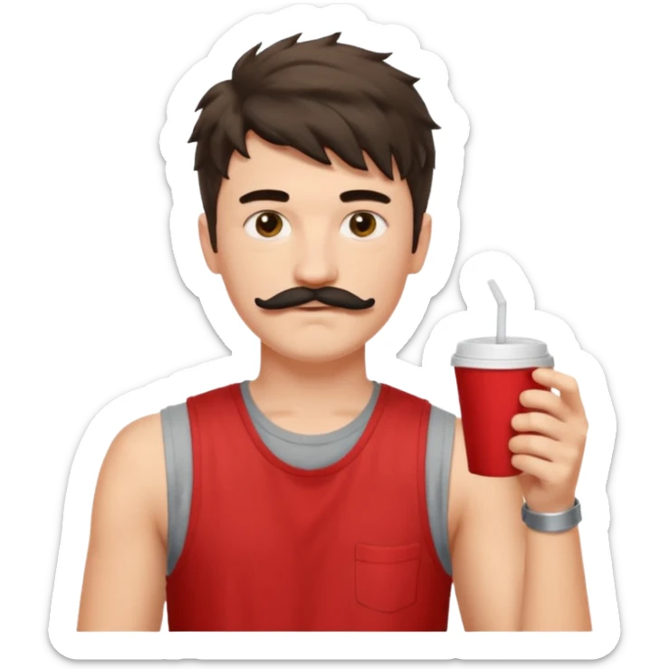 generate an ios genmoji of a fair 20 year guy with black mustache, messy mullet hairstyle, drinking takeaway coffee. wearing a sleeveless red tshirt sticker