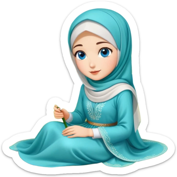 Turkish beautiful finish Konya girl blue eyes with lily flower hijab long tail dress and sits on the grass on the ground and hold lily flower on hand  sticker