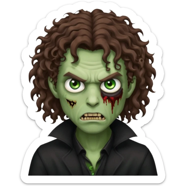long curly haired male zombie with brown hair color and green eye color, with dark vampire clothes and angry face emotion sticker