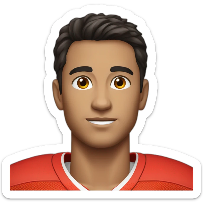 a young man with no beard and very short dark hair and brown eyes in a red ferrari jersey sticker