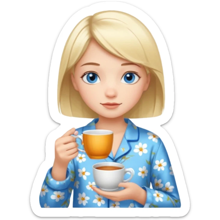 Blue eyed girl with short blond hair in floral pijamas is holding a cup of tea sticker