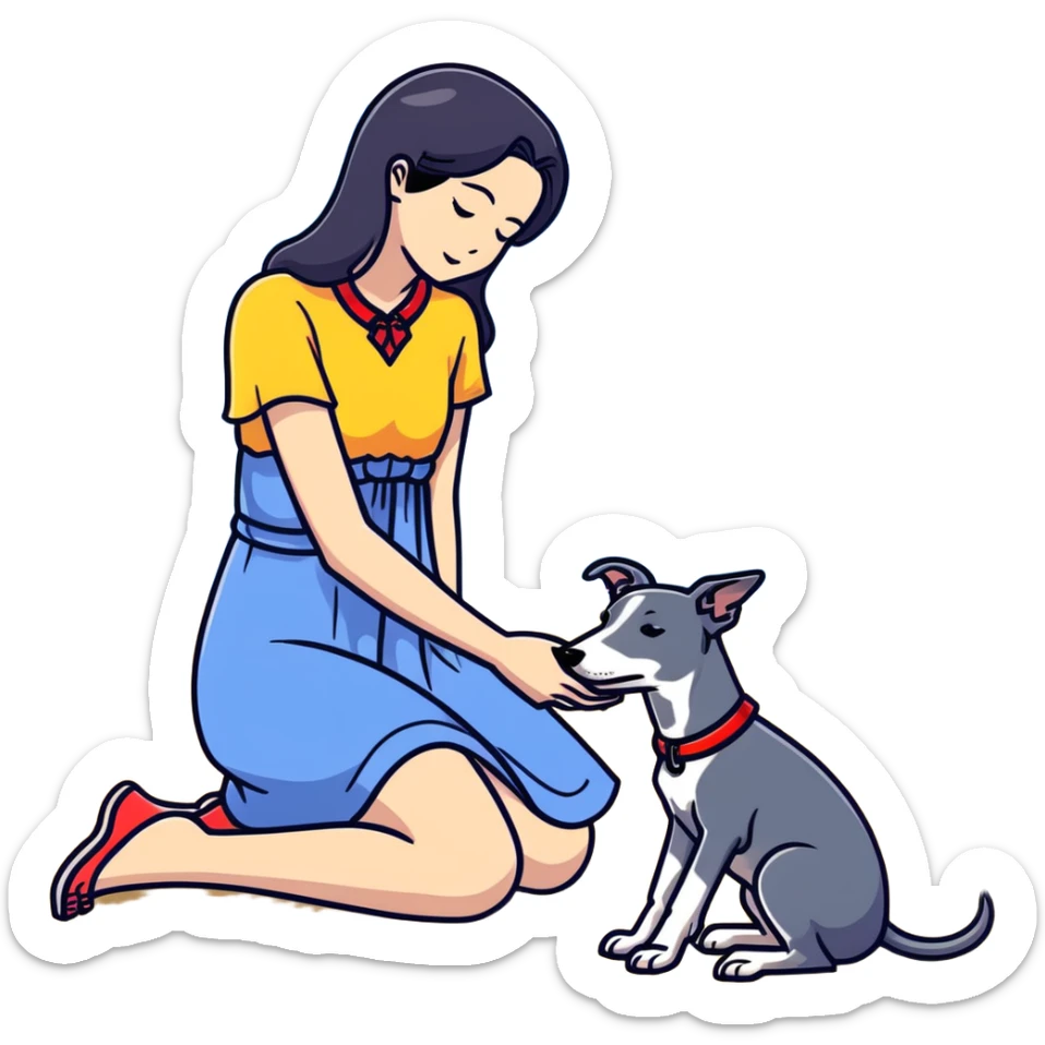 Only ONE beautiful 25-year-old Japanese woman with long flowing black hair wearing a stylish BLUE beach dress, gently PETTING her ONE PURE SOLID DARK GREY whippet with a bright RED COLLAR on a sunny beach. The woman is kneeling or bending down to pet the whippet, with her hand lovingly stroking the dog's head or back. The single whippet MUST be 100% SOLID DARK GREY with ABSOLUTELY NO WHITE MARKINGS ANYWHERE - specifically NO WHITE on face, NO WHITE on chest, NO WHITE on paws - ENTIRELY ONE CONSISTENT SOLID DARK GREY COLOR throughout. Just one woman and one dog. Bright blue daytime sky, sunshine, blue ocean and golden sand beach in the background. sticker