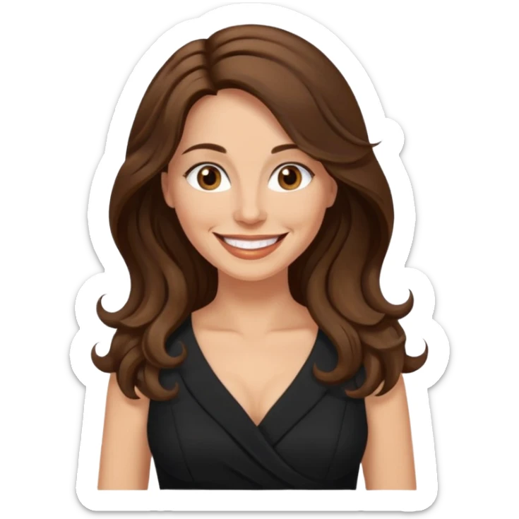 40 yr croatian woman, long wavy brown hair, big smile, side part, black dress
 sticker
