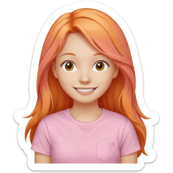 The girl with long orange hair is very happy. Make the girl similar with the reference picture. Change her sweat. Make it pastel pink t-shirt. sticker