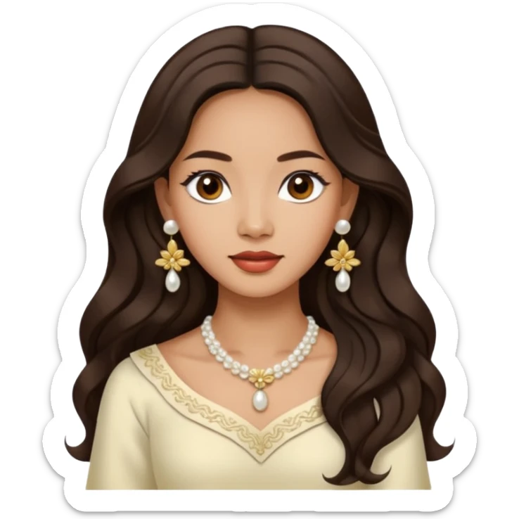 Tan Filipino woman with dark brown eyes and long dark wavy hair parted in the middle wearing a traditional filipiniana and white pearl stud earrings and no other jewelry sticker