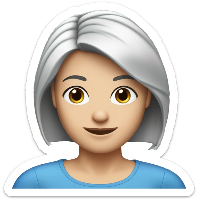 A head and shoulders shot of a 50 year old caucasian woman with short black hair, blue eyes wearing a tshirt. sticker