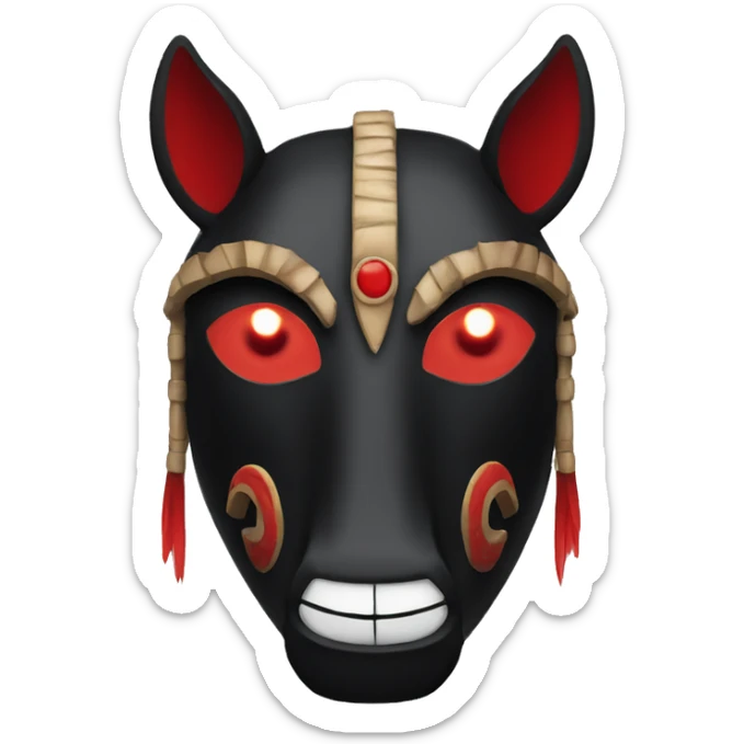 Black tribal mask of a smiling horse with red eyes in front sticker