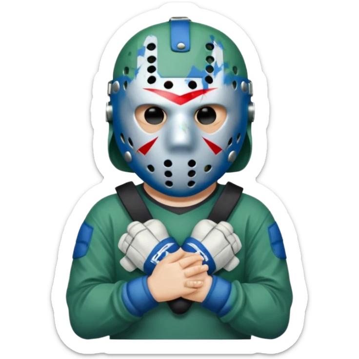 a cartoon image of Jason Voorhees, looking cute, with his hands together in front of him sticker