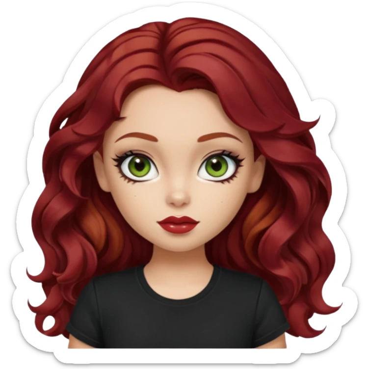 a pretty fair bratz girl with wavy dark red hair, wearing a black tee. eyeliner on, olive green eyes. Waist up sticker