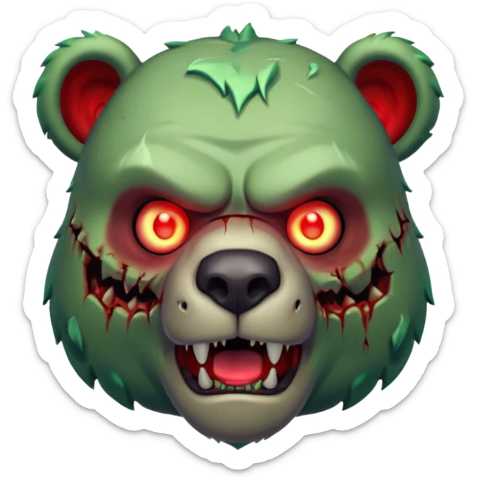 zombie bear portrait, head and shoulders only, cracked skin, stitched scars, glowing red-green eyes, powerful undead beast vibe, 3D cartoon, mobile game icon style, clean background, no text, no watermark
 sticker