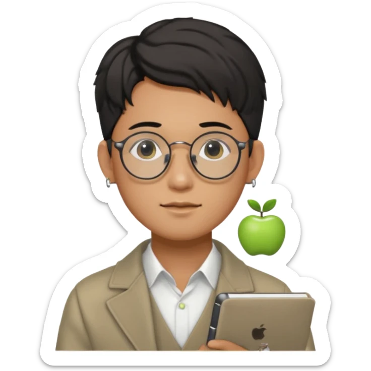 korean male guy 20s wearing an apple notebook, wearing radio earrings, round glasses, achromatic clothes, and achromatic clothes. sticker