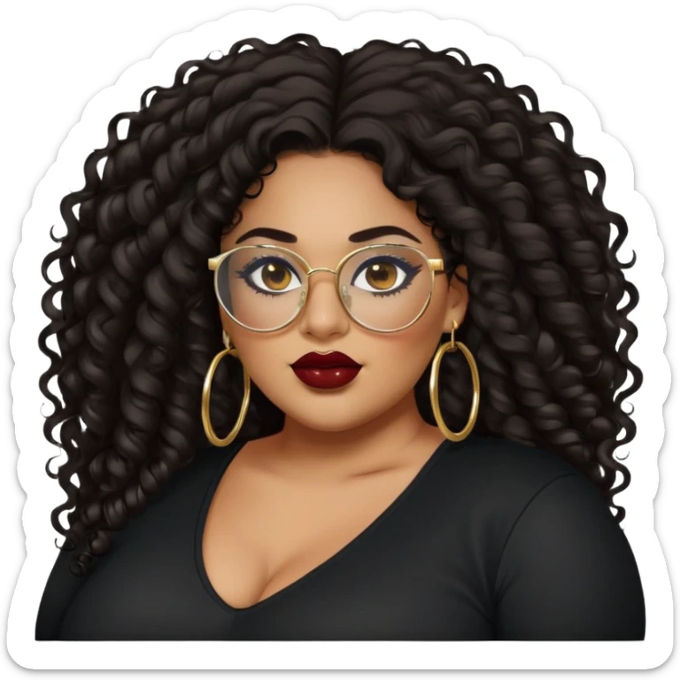 big plus size, latina, darker tan skin, gold hoops, long black curly hair, baddie,pretty, makeup, dark red lipgloss, black eyeliner, long hair, black shirt, black glasses sticker