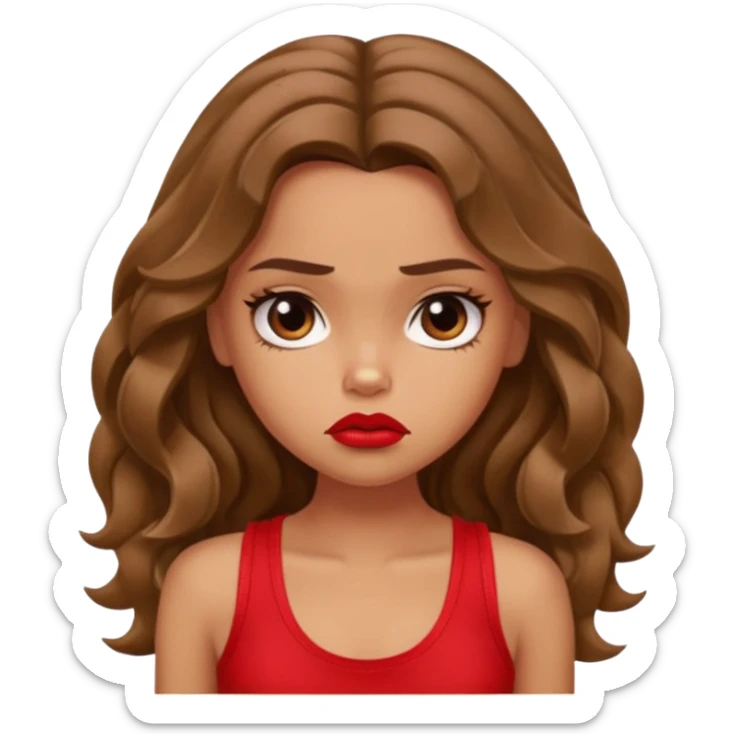generate a pretty tan bratz girl with brown wavy hair long wearing a red tank top, red lipstick. Looking sad sticker