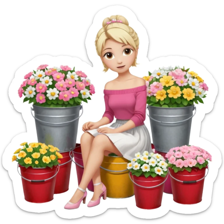 a blond girl  sitting  near various bouquets of flowers in metal buckets a white and pink flowers , Her hairstyle is slightly messy updo. She wears a red off-shoulder cardigan and a white long skirt. Her leg is extended forward toward the camera, appearing long and graceful. sticker