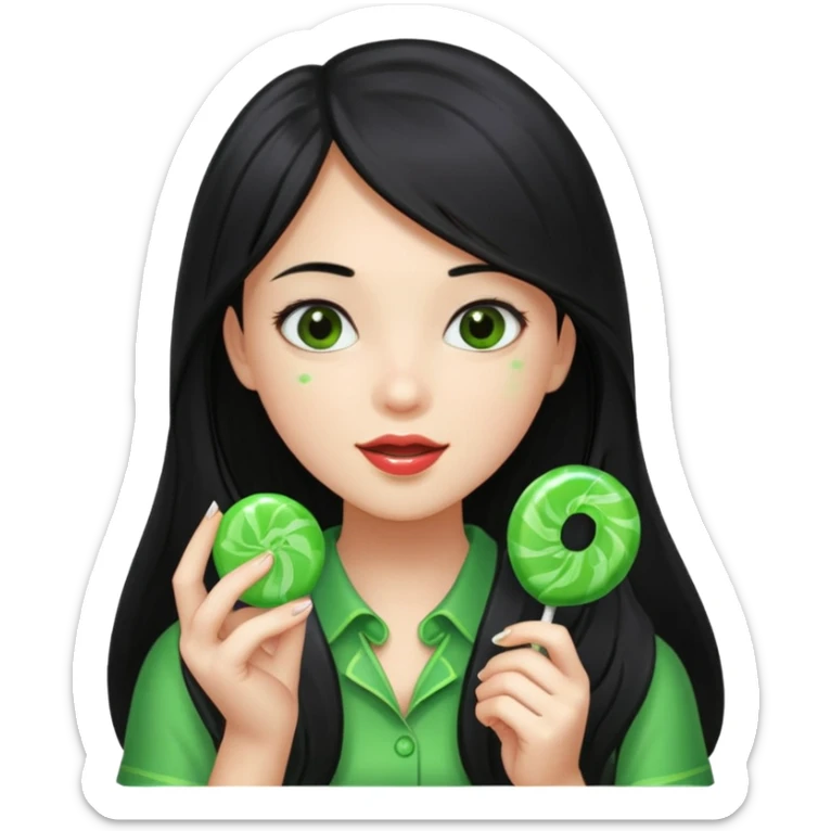 A girl with long black hair holding a piece of green hard candy in one hand and a green candy wrapper showing a guava on it in the other hand sticker