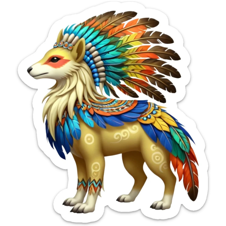 colorful lush feather-mane shamanic tribal 4-legged, ethereal divine exotic patterned beautiful elegant pretty realistic Fakémon-Digimon-Fionbri-Trico-creature (full body) sticker