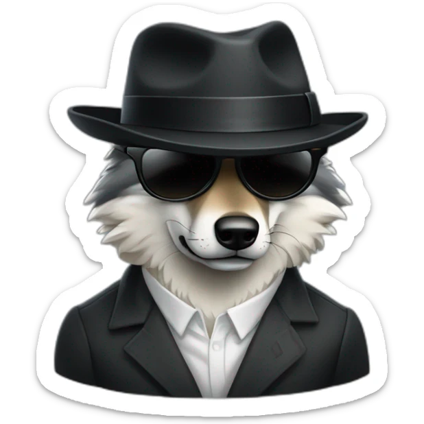 Un loup avec des lunettes ronde noir et un chapeau de mafieux sticker