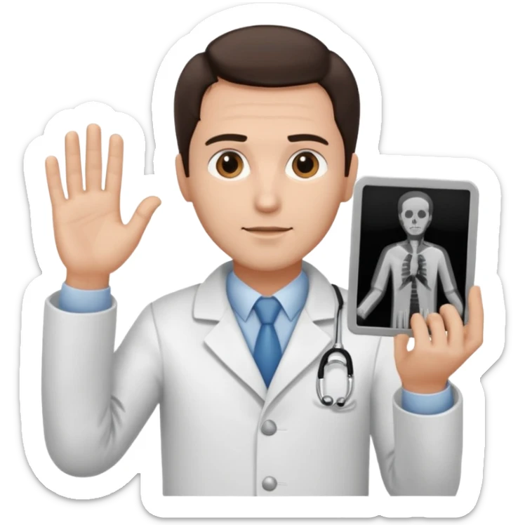 Radiografía de mano sostenida por un hombre con bata blanca  piel clara cabello café obscuro sticker