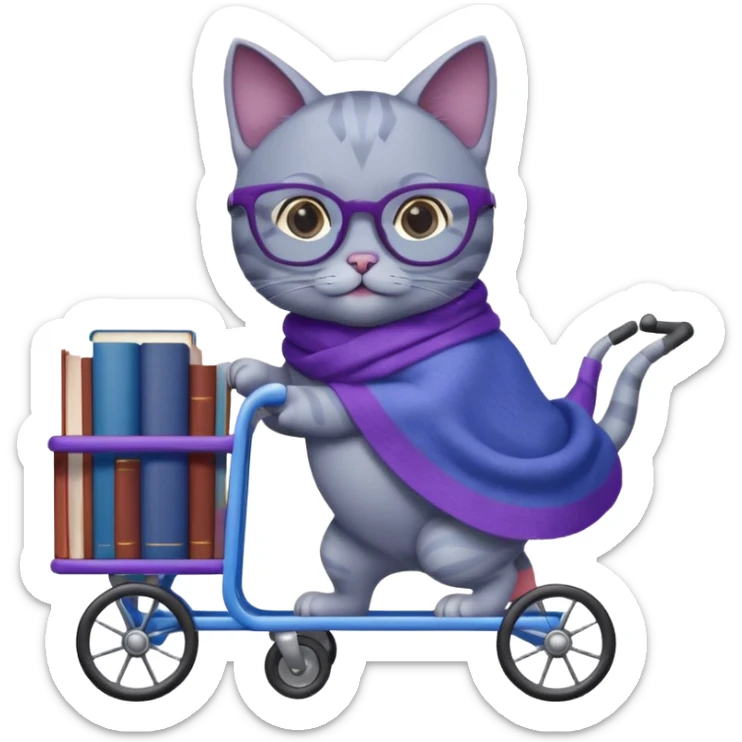 Purple and blue cat with reading glasses and a shawl, pushing a cart full of books sticker