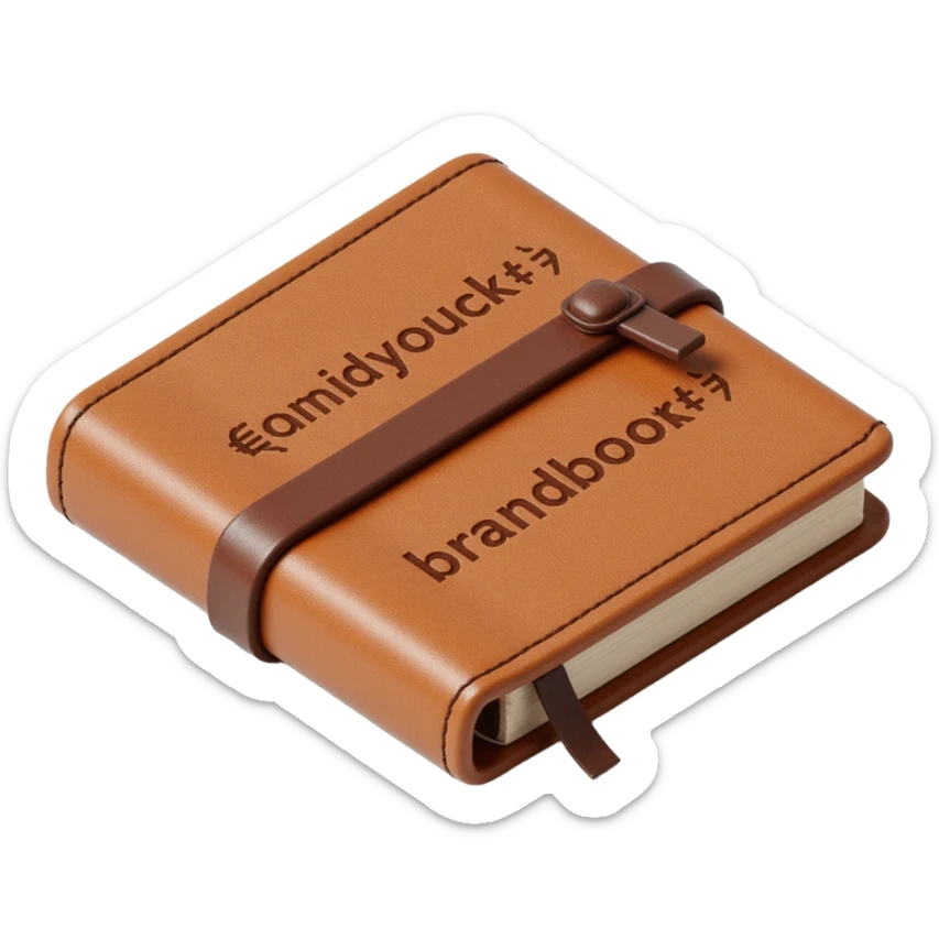 leather-bound notebook with stitching and 'brandbook' in bold written on it, skeuomorphism icon style sticker