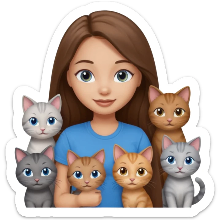 a pretty bratz dusky light skin girl with long brown hair, blue eyes with six cats nd wearing a grey tshirt sticker