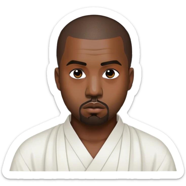 Kanye west with a black swastika the Buddhism symbol  on a white shirt sticker