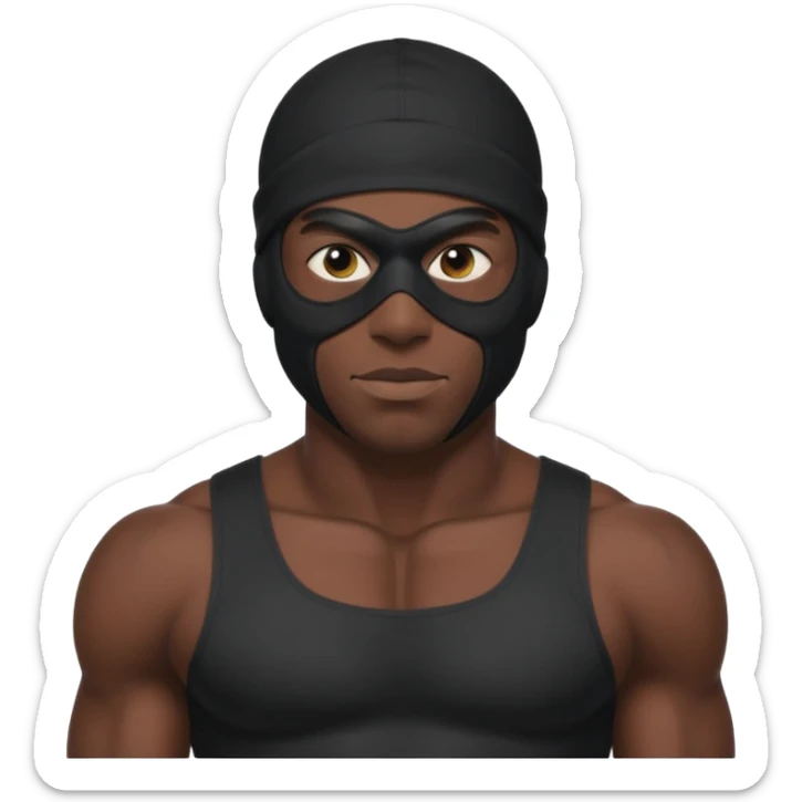 smug muscular african male black ski mask wearing guy with no top. wears a full ski mask with only eyes revealed sticker