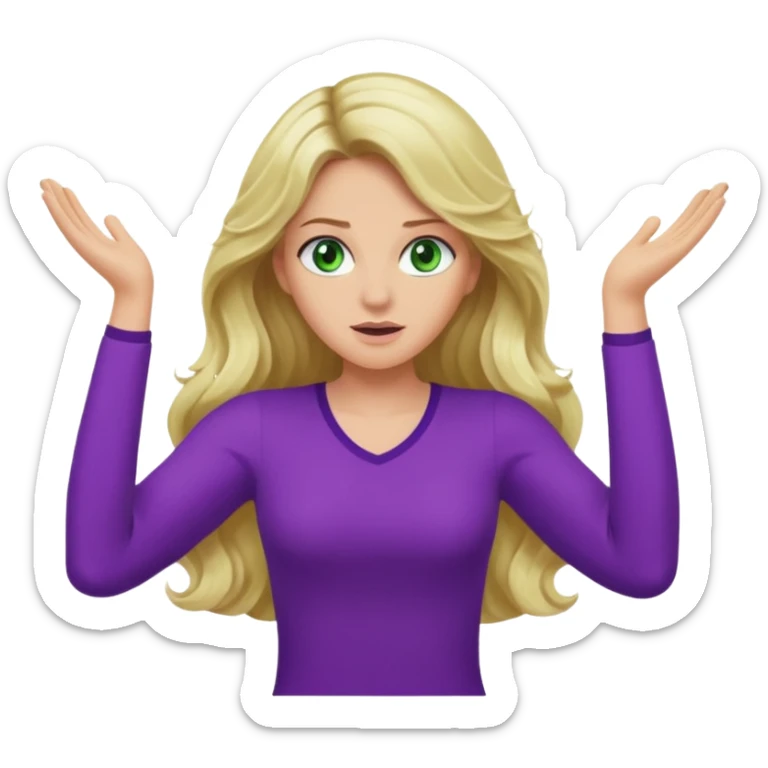 lady with long blonde wavy hair, green eyes and purple top top throwing arms in the as if confused sticker