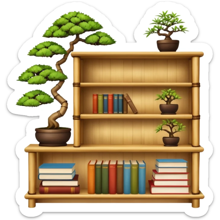 Wooden shelving unit with books and decorative items and bonsai made of thin dried bamboo  sticker
