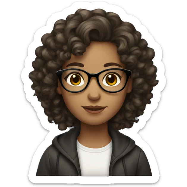 A girl with curly brown hair, brown eyes, Black glasses, freckles White skin Long hair sticker