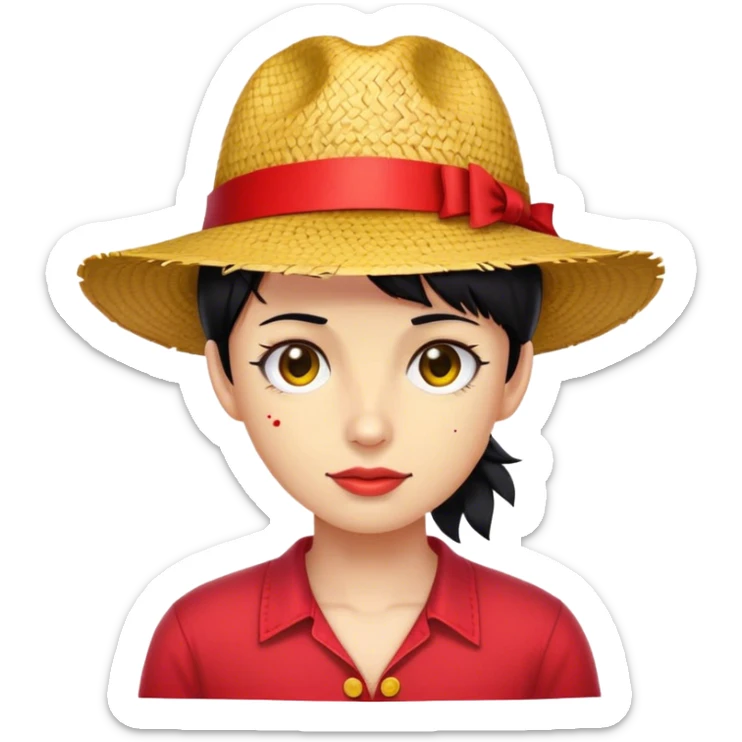 Black hair, straw hat with red robbion, red shirt with yellow buttons, stitched scar under Right eye. sticker